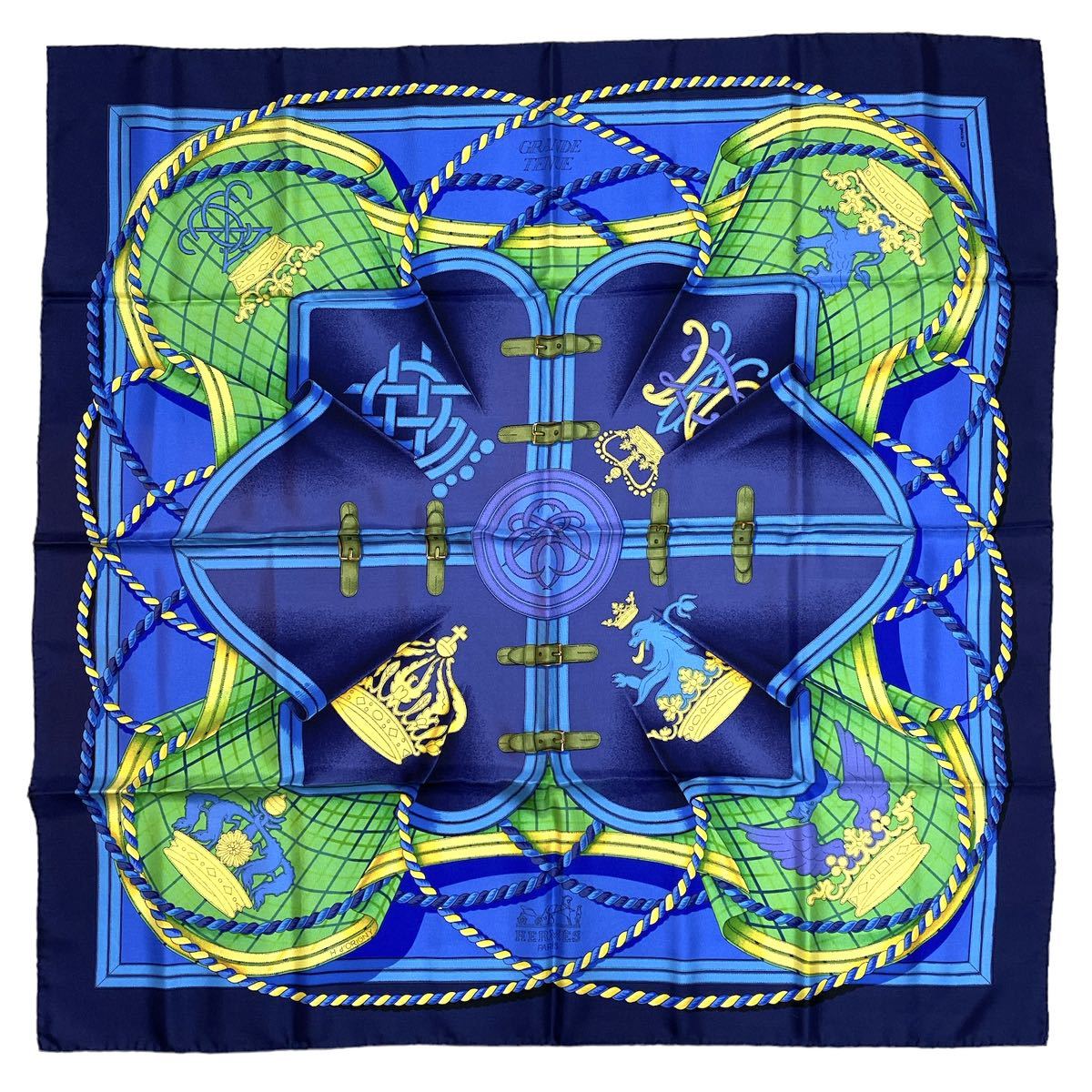 美品 エルメス カレ90 スカーフ 馬の礼装 フランス製 シルク100% ブルー系 23A20