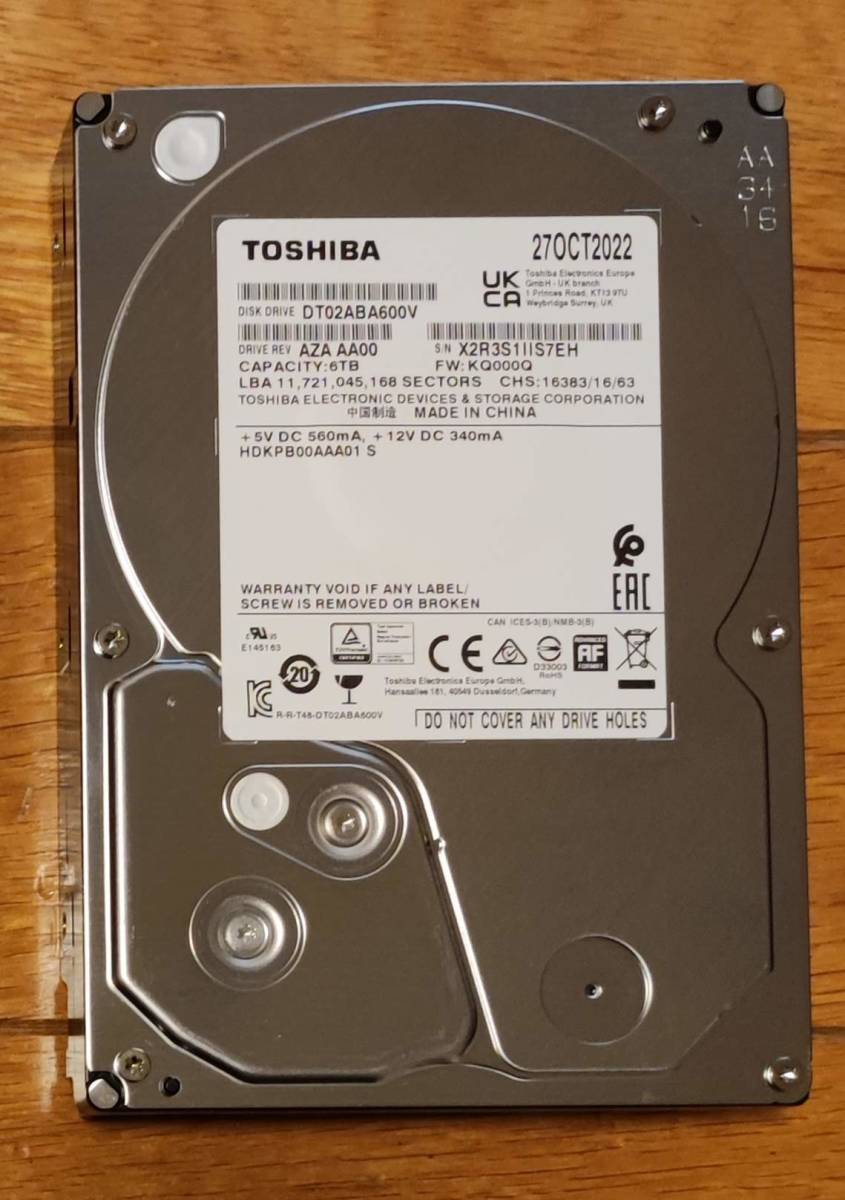 TOSHIBA DT02ABA600V（6TB）使用時間：2時間、AVコマンド対応　DIGA換装確認済み（555:15 DR)