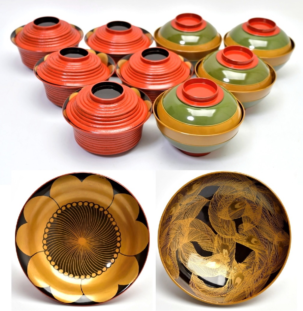 宝蔵】輪島塗 山口漆器店 山口清松 黒塗松葉蒔絵菓子入 黒塗縁金四方盆