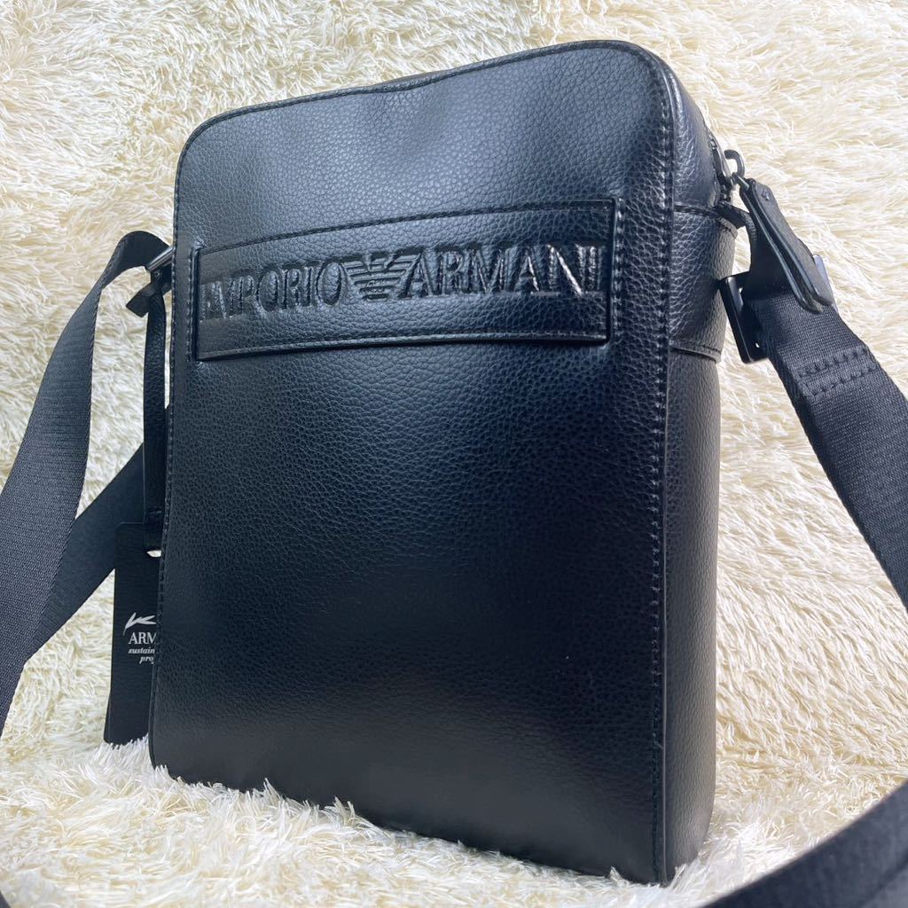 1円【極美品・超稀少】EMPORIO ARMANI エンポリオアルマーニ ショルダーバッグ サコッシュ ビジネス レザー ブラック エンボスロゴ 通勤 