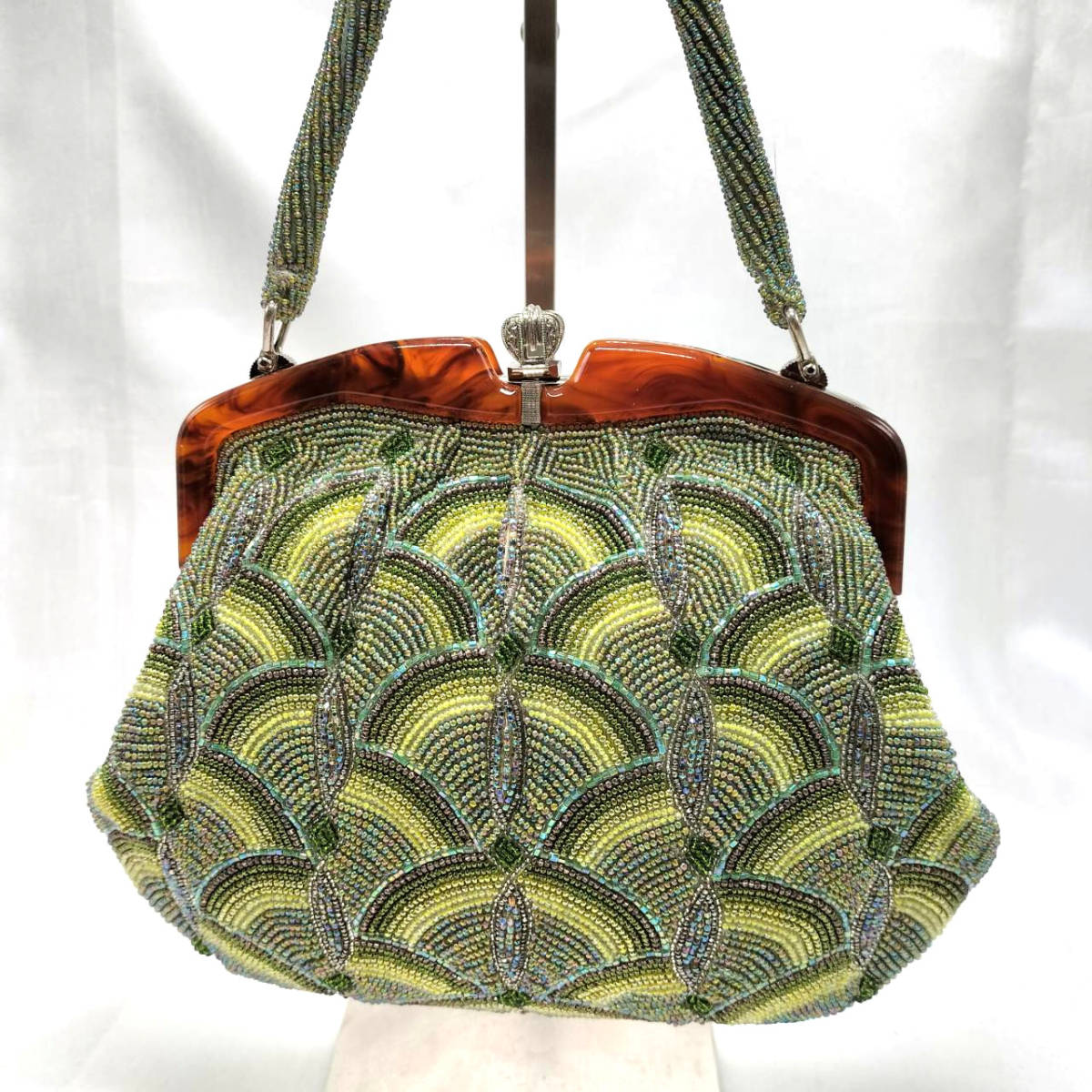昭和レトロ ビーズバッグ がま口バッグ 淡緑系カラー ヴィンテージ ハンドバッグ お稽古 お出かけ 洋装 和装 入卒式