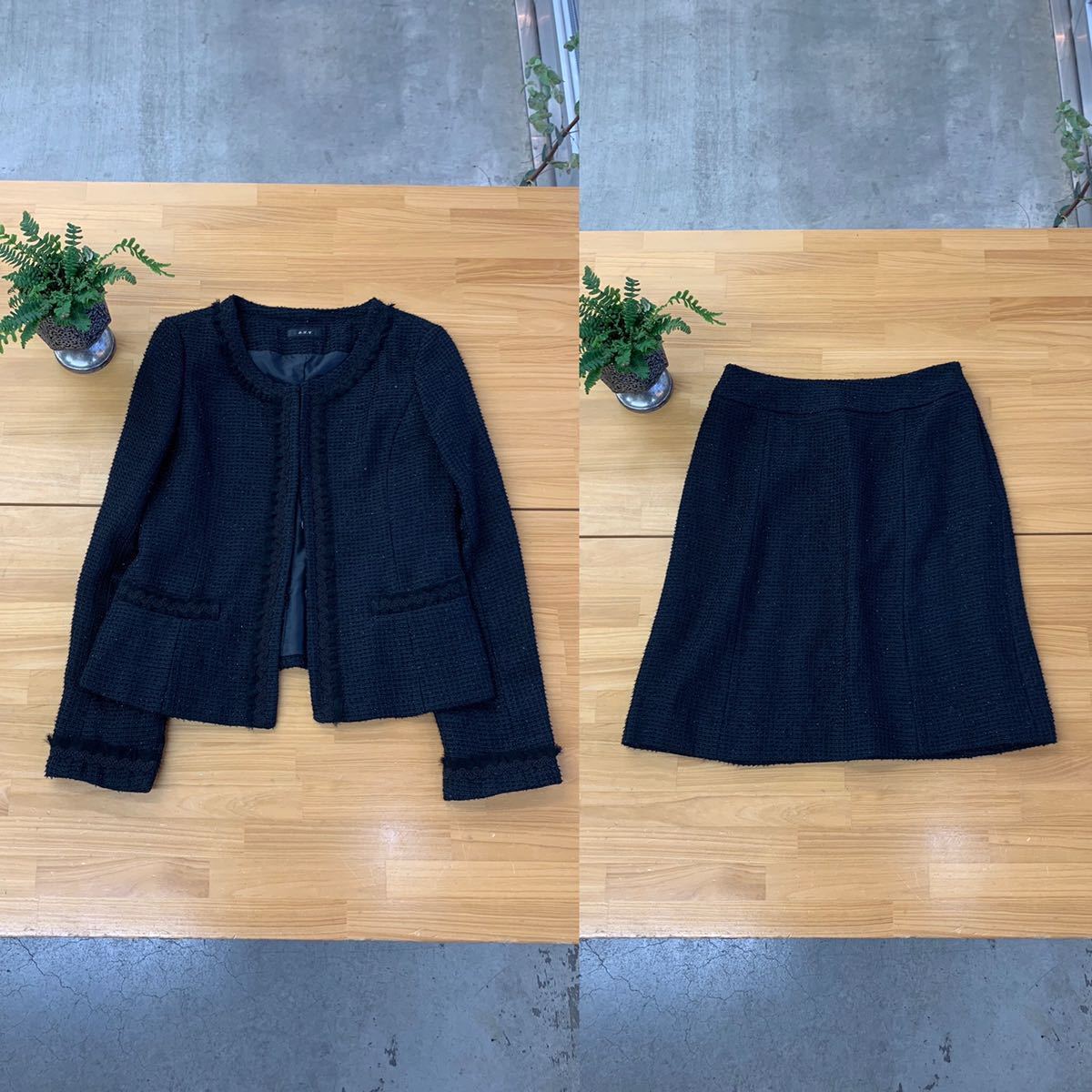 美品 a.v.v アーヴェヴェ ノーカラーツイード調ジャケットスカート ラメ糸フリル上下セットアップ セレモニースーツ ブラック黒色系 M