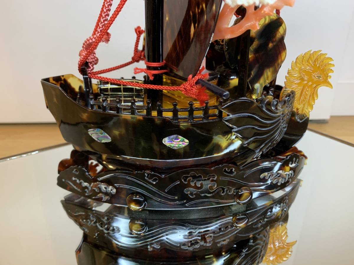 希少！』本鼈甲細工「鼈甲宝船」詳細写真50枚 縁起物 ガラスケース付き