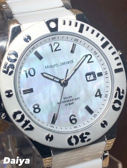 新品 Mauro Jerardi マウロジェラルディ 腕時計 正規品 ソーラー 10気圧防水 ステンレス セラミックベルト ホワイト カレンダー プレゼント