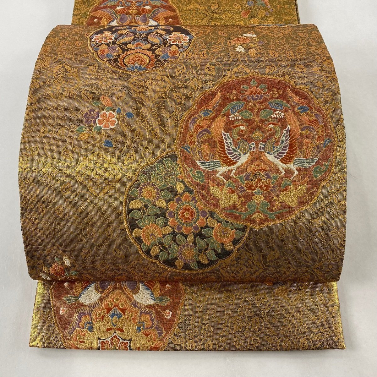 袋帯 美品 秀品 双鳥唐花鏡文 金糸 箔 茶緑色 六通 正絹 【中古】