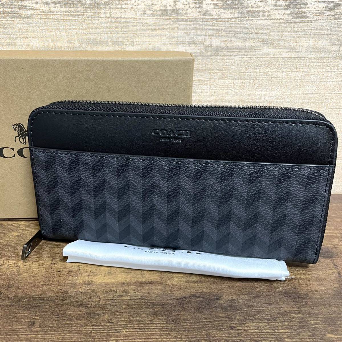 新品 COACH コーチ F29275 メンズ ヘリンボーン柄 ラウンドファスナー 長財布 ブラック ウォレット アウトレット品 並行輸入品