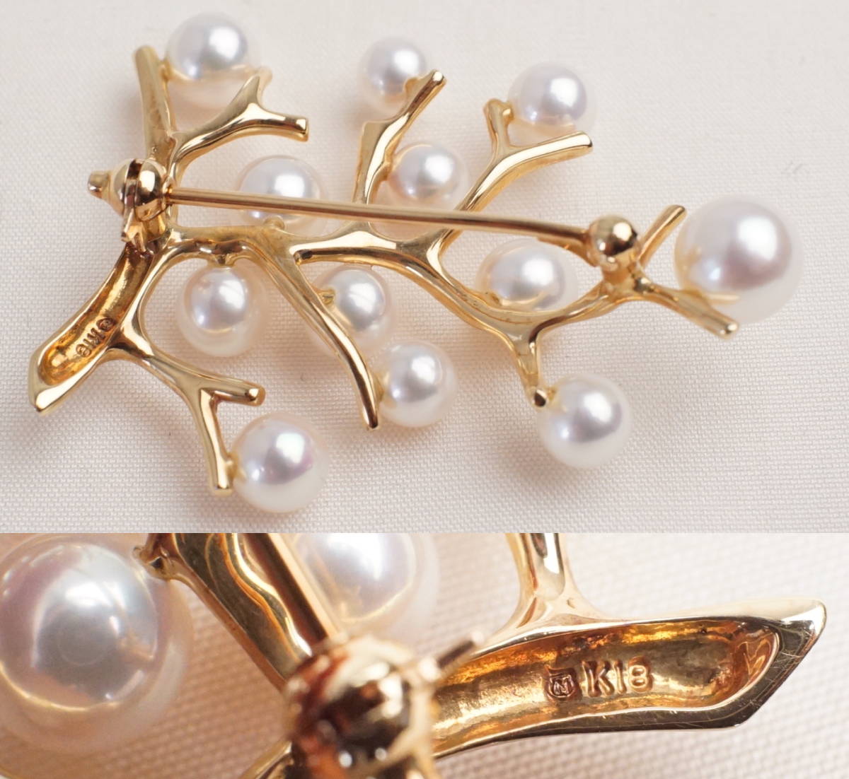 MIKIMOTO ミキモト K18 アコヤ本真珠 パール ブローチ 幸福の木 4.1cm 