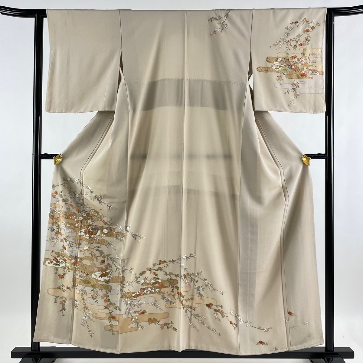 訪問着 名品 ヱ霞 草花 金糸 金彩 薄茶色 袷 身丈157cm 裄丈63cm