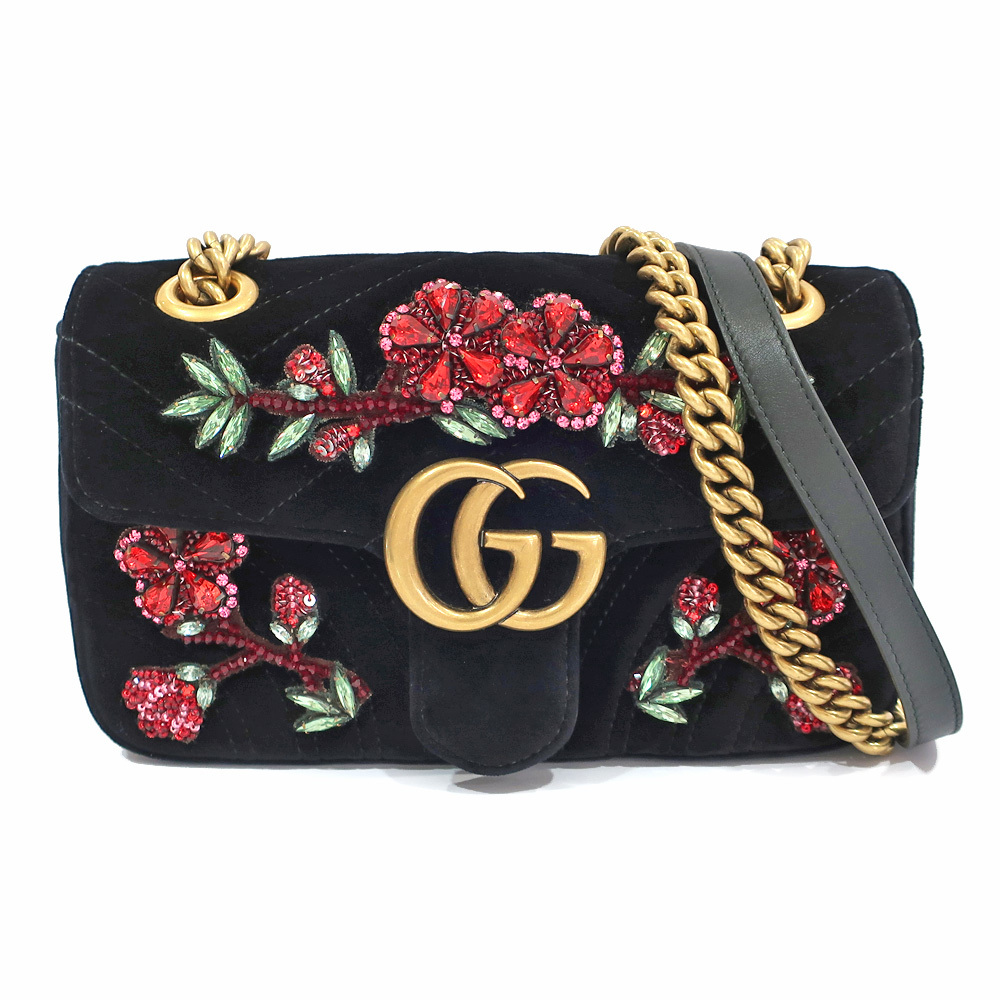 【栄】グッチ ショルダーバッグ GGマーモント ビジュー フラワー 黒 446744 スウェード レディース