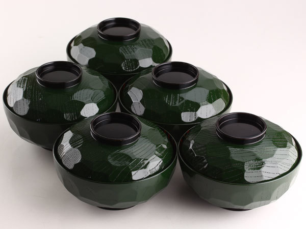 日本美術 能登輪島塗 亀甲型 波蒔絵 煮物椀 5客 合箱 B1405