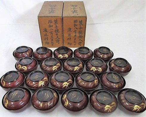 木製漆器・蓋付菓子椀廿客揃 4寸金高蒔絵「富士に松山水地紋」木箱拾客入(販売は拾客づつ)会席料理道具 日本製1番