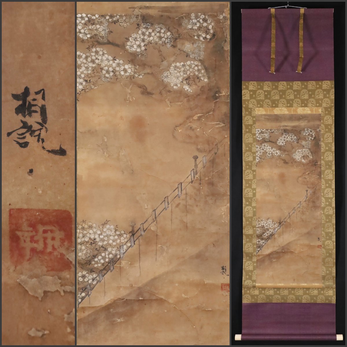 81*Z317絵画 日本画掛軸 大観 骨董 茶掛軸 掛け軸 模写 吉 8581 喜多川相説 桜図 宗説 伊年 琳派 俵屋宗達の後継者 古画