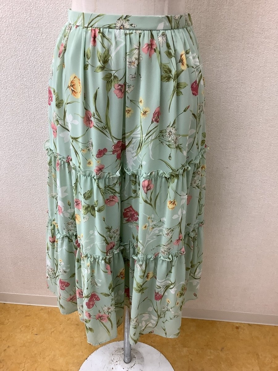 ロイスクレヨン 若草色にカラフル花柄 ギャザースカート ウエストゴム サイズM