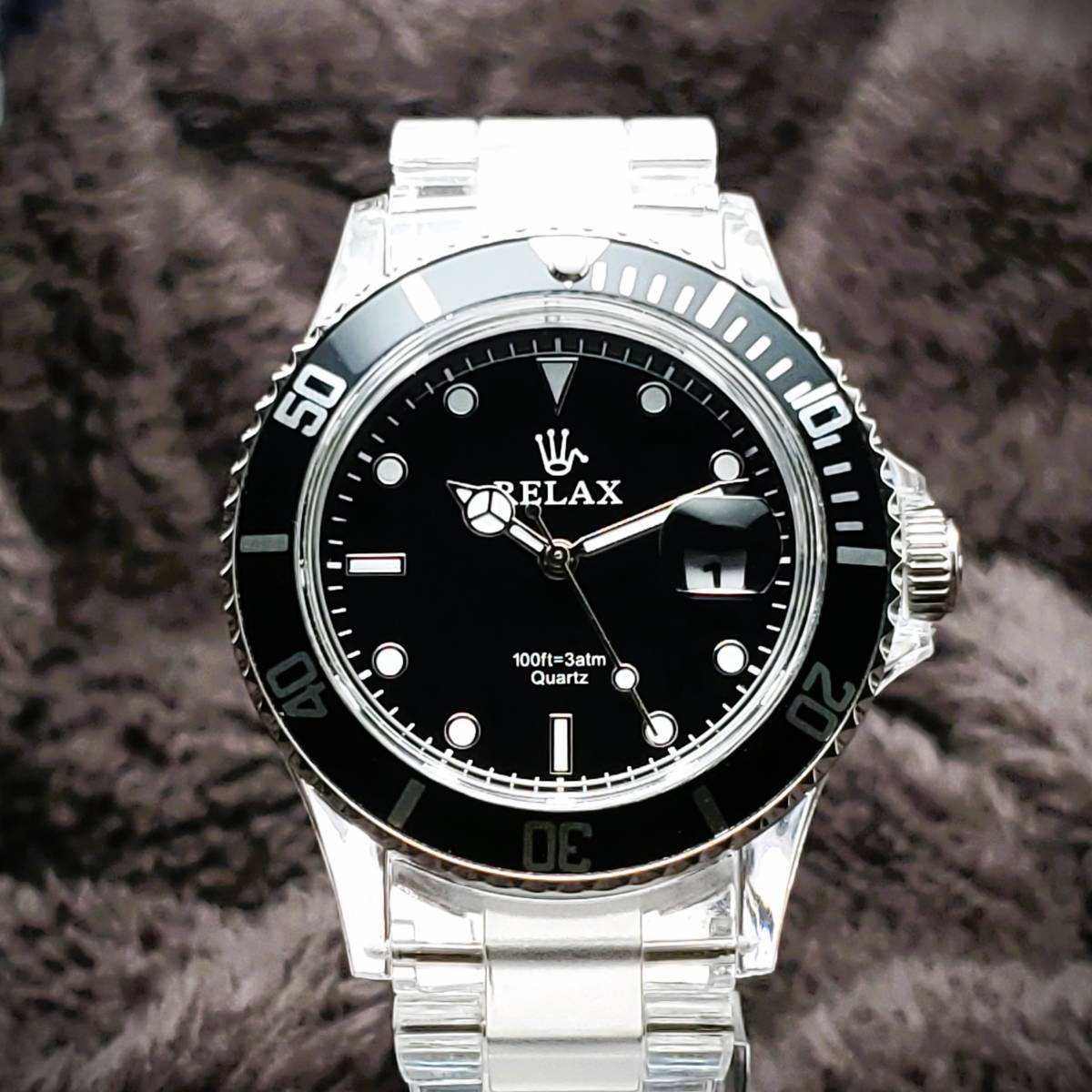 本日限定】RELAX○リラックス 王冠ロゴ SUB20 腕時計 ダイバー 黒サブ 