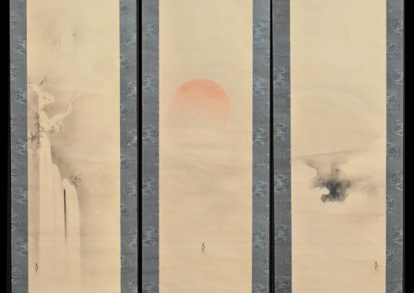 真作】M54 狩野周信「旭 虹 滝 三幅対」紙本 合箱 肉筆 大倉好斎極札