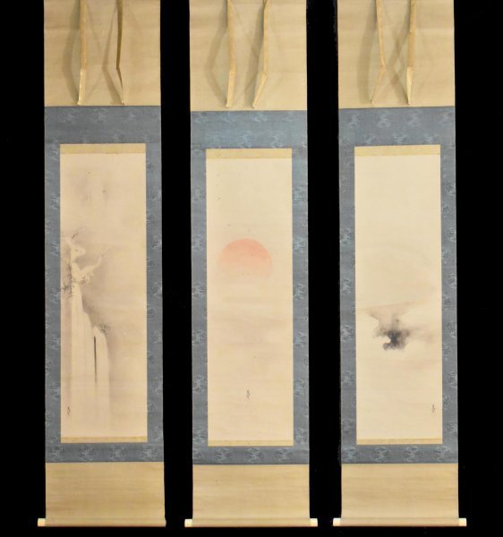 真作】M54 狩野周信「旭 虹 滝 三幅対」紙本 合箱 肉筆 大倉好斎極札