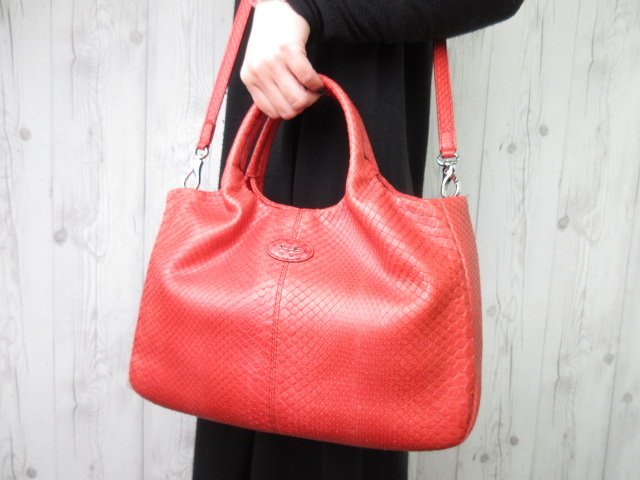極美品 新品同様 TOD'S トッズ パイソン ハンドバッグ ショルダーバッグ バッグ 赤 2WAY 58089