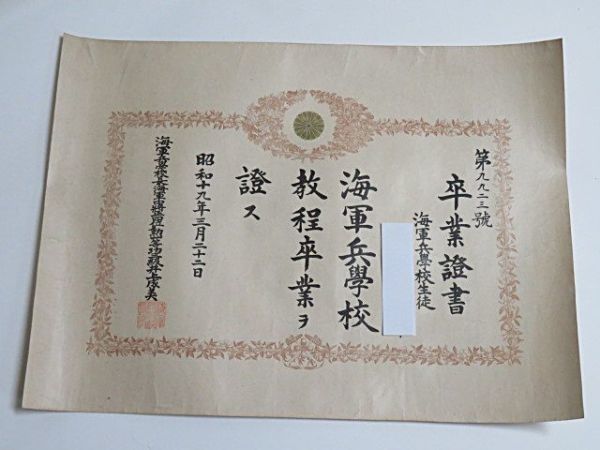 海軍兵学校生徒卒業証書　1点　昭和19年◆帝国海軍 戦争 資料