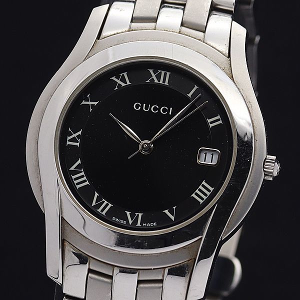 1円 グッチ QZ 5500M 黒文字盤 デイト ローマン ラウンド メンズ腕時計 0429000★