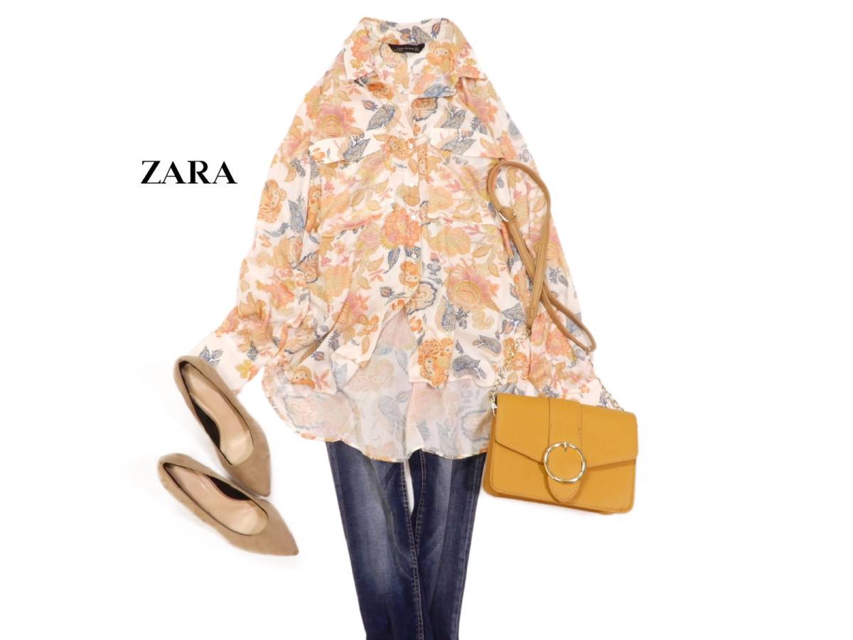 ザラ ZARA WOMAN 大人可愛い☆ 柔らか薄手 総ボタニカル柄 シャツ ブラウス チュニック S 羽織にも