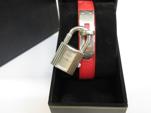 y7056 稼働品 HERMES Kelly ケリーウォッチ 腕時計 SV/革 SV925　スターリングシルバー 革ベルト 南京錠 モチーフ レディース エルメス