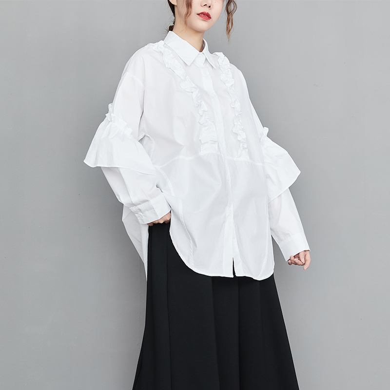 「同梱1万円送料無料」春*新作**カジュアル*20304050代*フリル*ゆったり大きいサイズ*長袖*シャツブラウス*白