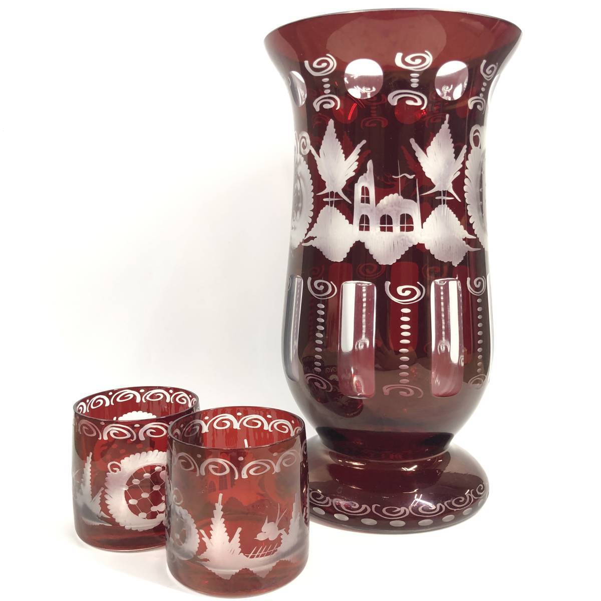 エーゲルマン ボヘミアグラス フラワーベース ペア グラス 3点セット EGERMANN 赤 レッド 花瓶 コップ ガラス 菊HG
