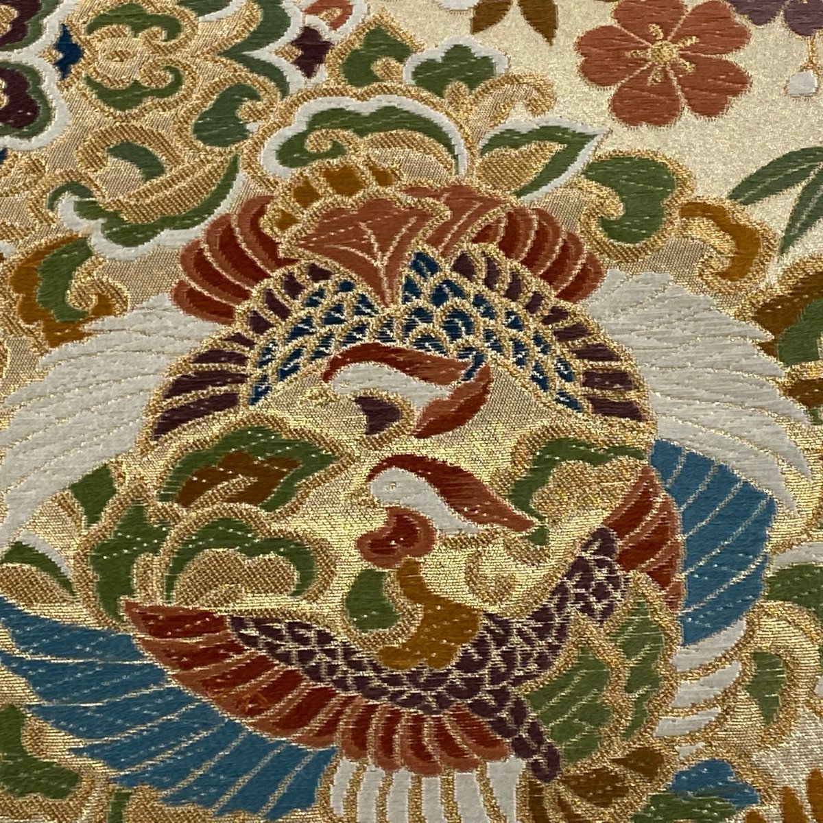 袋帯 美品 秀品 鳥 華文 刺繍 薄茶色 六通 正絹 【中古】 袋帯 美品 秀
