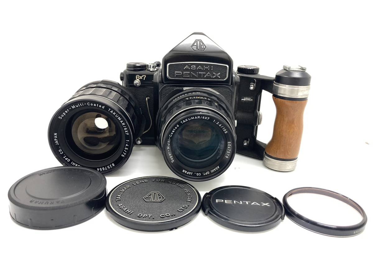 〈カメラ〉PENTAX アサヒペンタックス 中判カメラ　6×7 レンズ2点　木製グリップ【中古/現状品】01381-⑬
