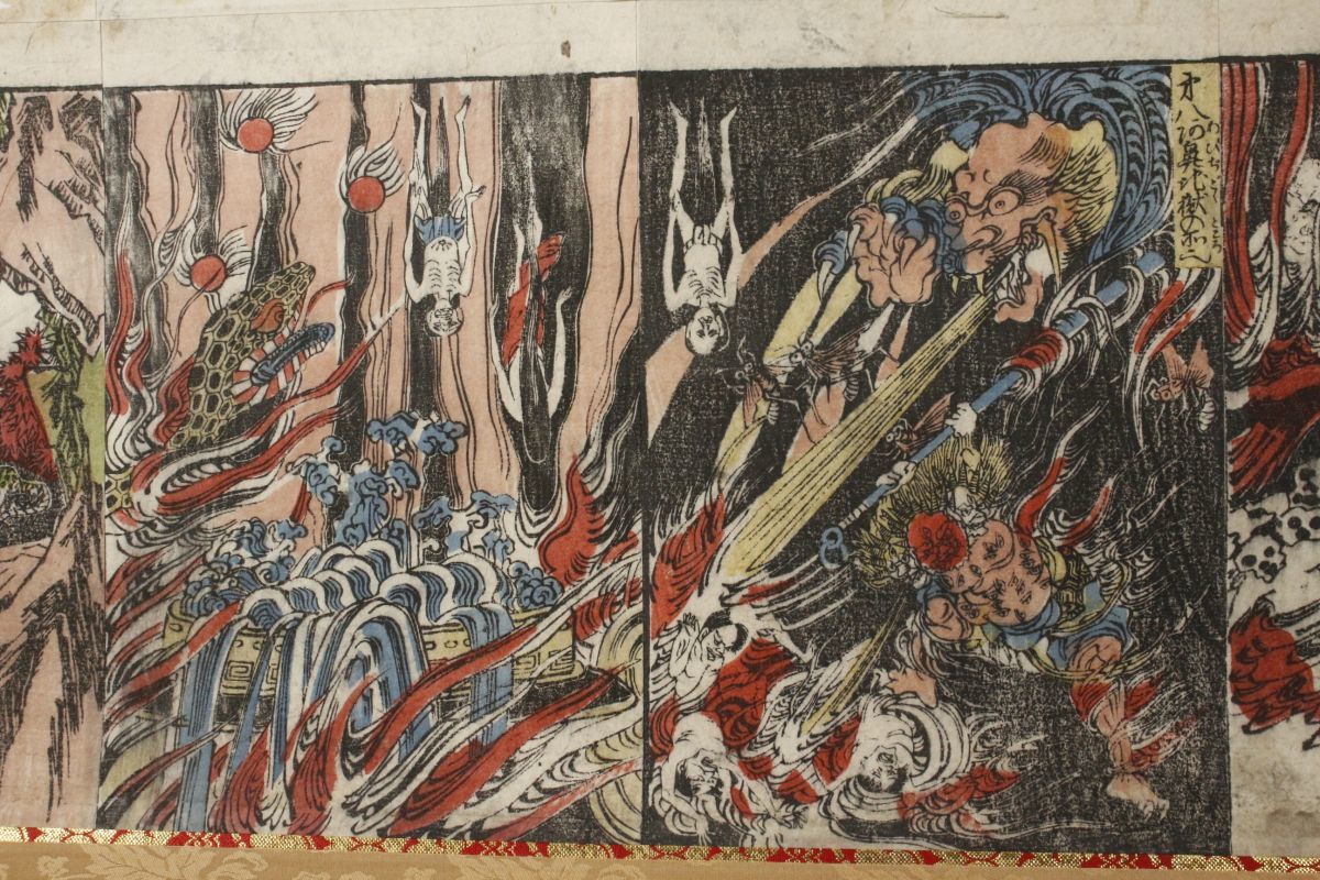 LIG】時代仏教美術 六道絵 地獄極楽絵図 双幅掛軸 木版画 古画 [.YE]