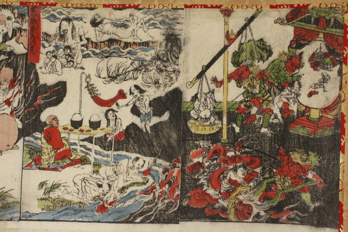 LIG】時代仏教美術 六道絵 地獄極楽絵図 双幅掛軸 木版画 古画 [.YE]