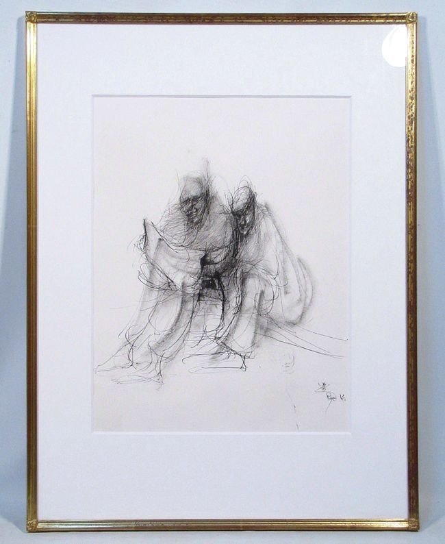 【真作】絵画　平野遼　水彩　素描人物像　人物素描　静かな動勢　人物習作　B32 平野遼 「二人の男」 8号大 ジャコメッティを想わせる「実存の描線