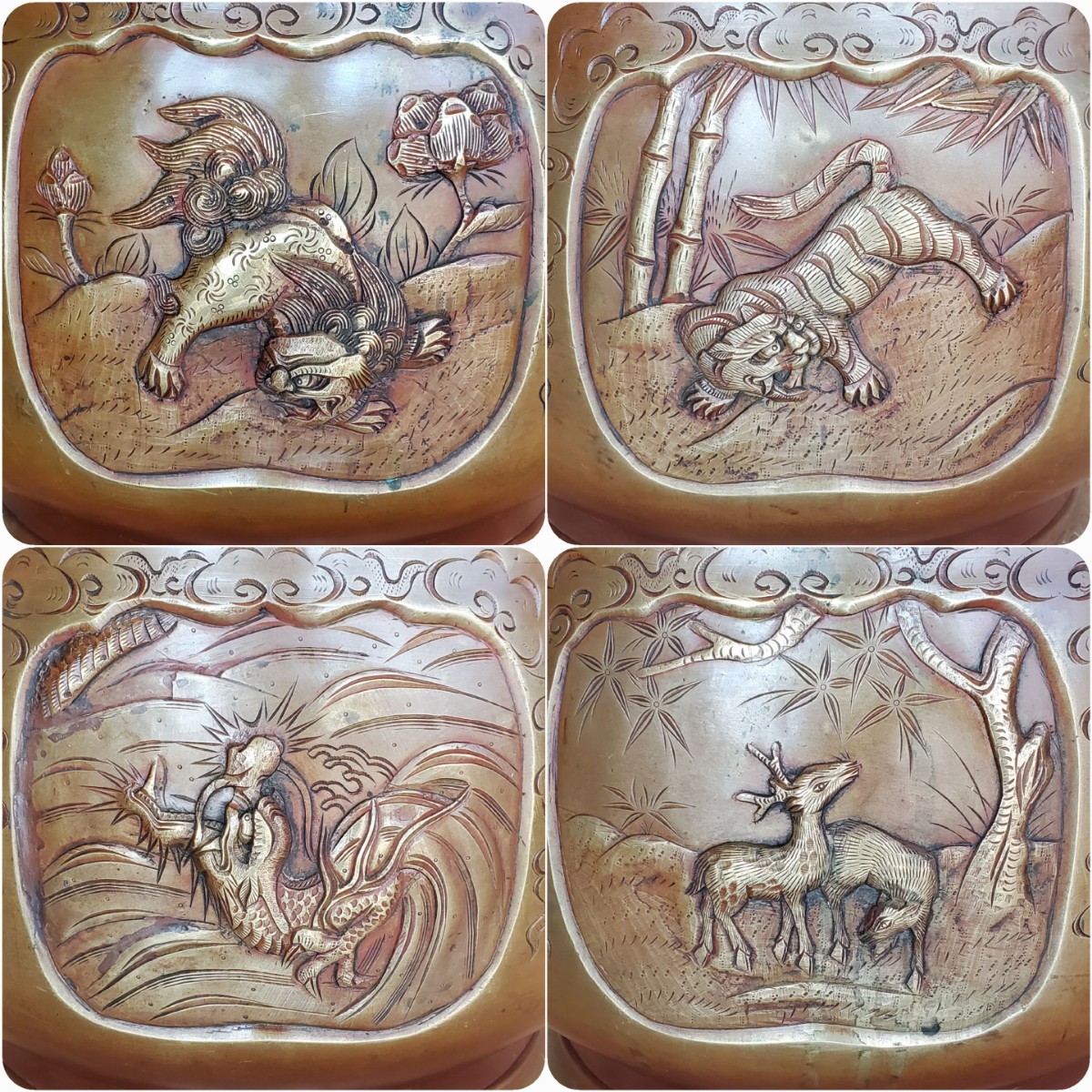 4kg 竜虎 獣耳 火鉢 （検索 アンティーク インテリア 茶道具 鉄瓶 唐銅 