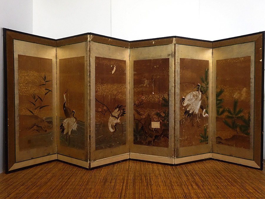 緑屋*a■ 時代物　六曲屏風　無銘　『花鳥図　鶴』　紙本　　　i9/2-463/H/#佐川220