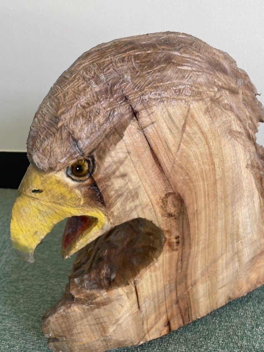 ハンドメイド チェンソーアート 鷹 鷲 置物 アンティーク 木彫り 楠木 