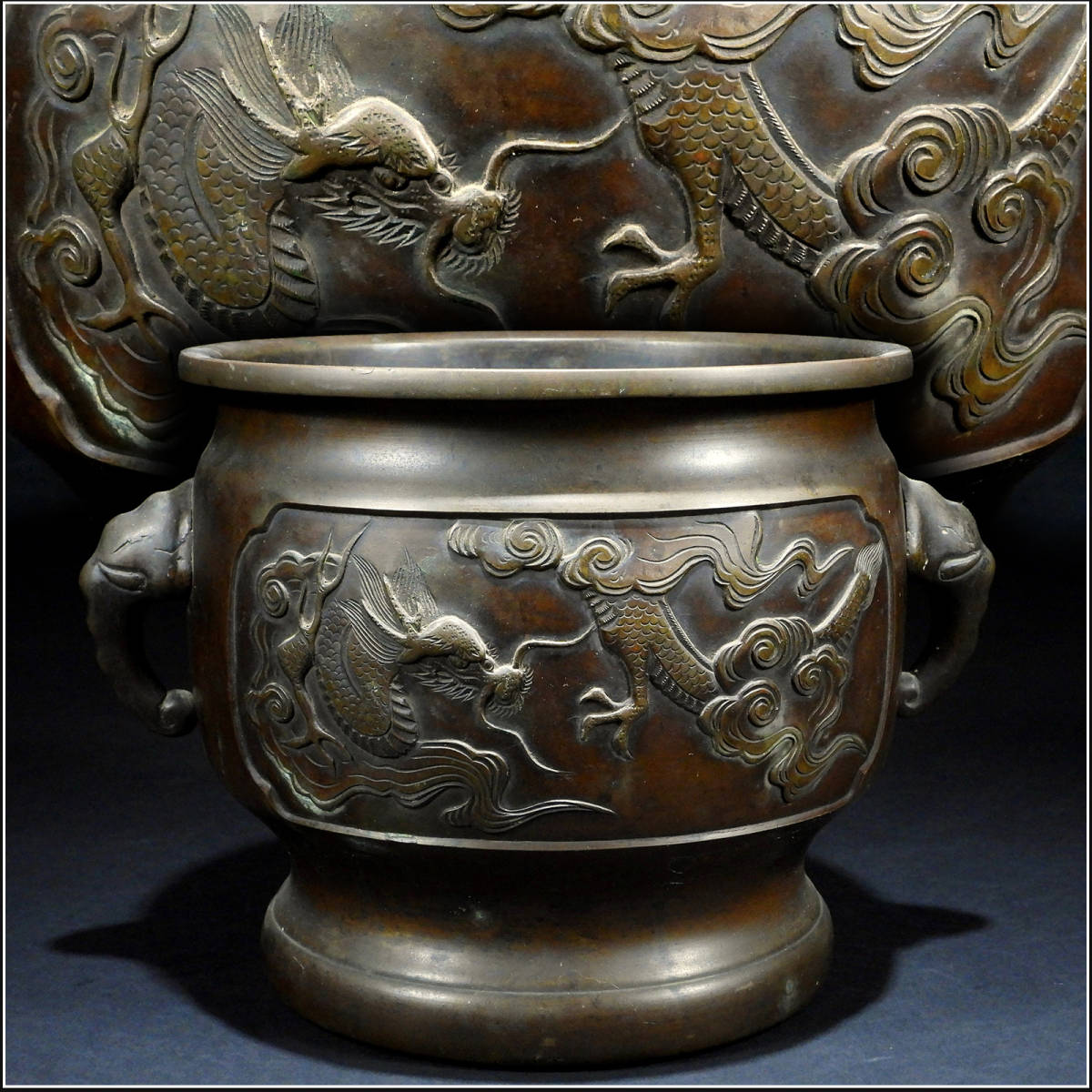 【騰立】古美術、時代 古銅 龍紋 雙耳 瓶掛 火鉢 煎茶道具■検鉄瓶銀瓶鉄砲口土瓶宝瓶急須■134569