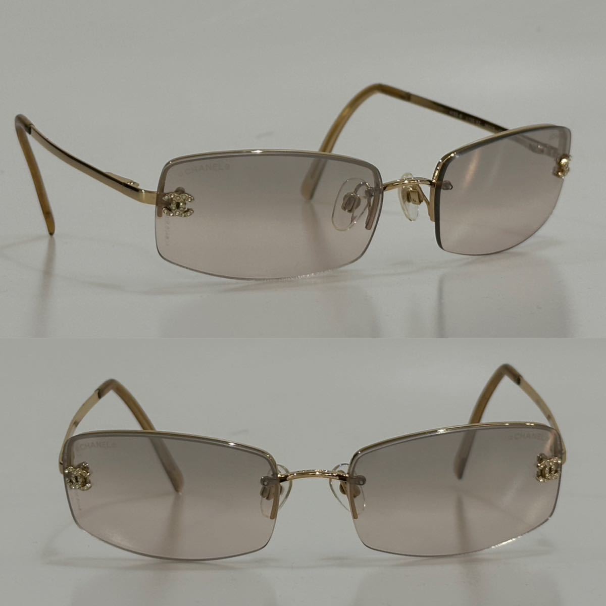 良品!!90's CHANEL シャネル 4093-B c125/8Z 56 16 ブラウングラデーション ラインストーン ココマーク スクエア サングラス vintage