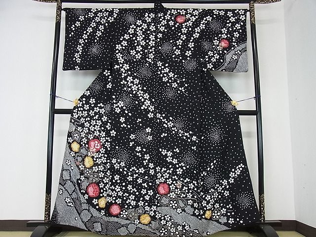 花美人■極上　訪問着　単衣　刺繍　絞り　枝垂れ桜　雪輪兎　黒地　金糸　逸品　ps5654
