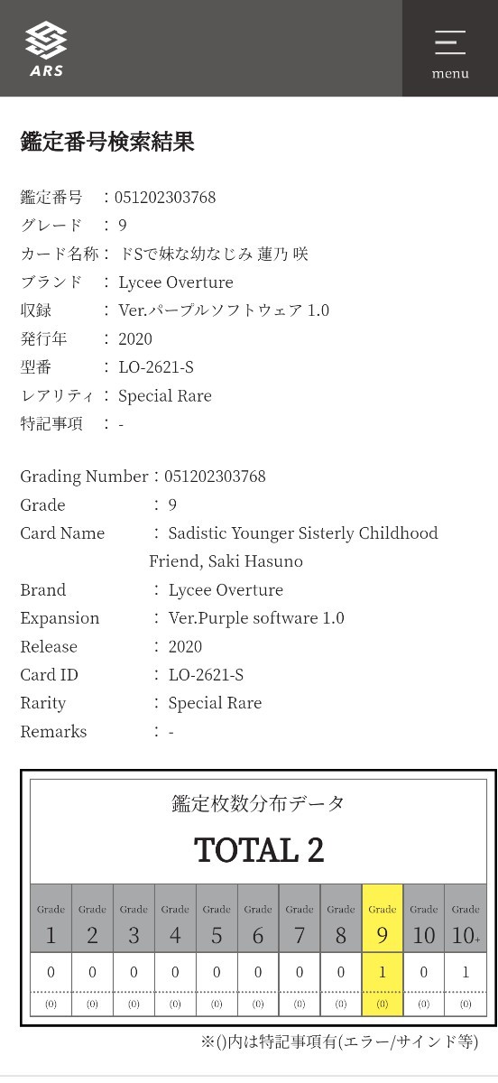 1円出品 ARS9 リセ ドSで妹な幼なじみ 蓮乃 咲 SPサイン ARS鑑定 2020