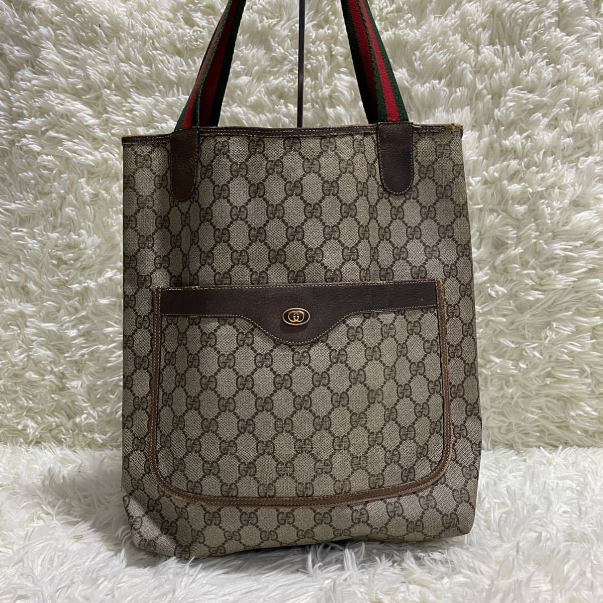 1円 GUCCI グッチ トートバッグ GG シェリーライン ブラウン レザー 