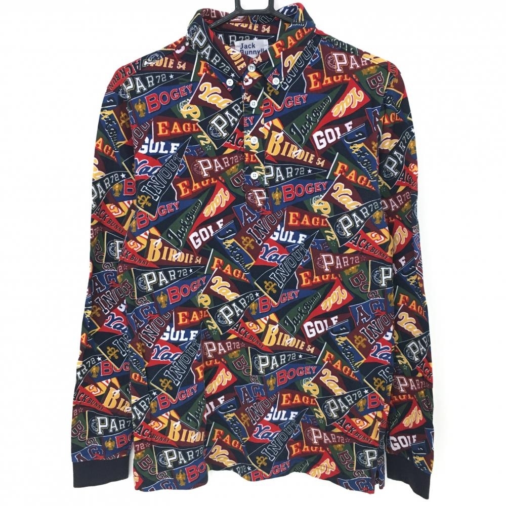【美品】ジャックバニー 長袖ポロシャツ ネイビー×ボルドー×マルチ フラッグ柄 ボタンダウン メンズ 5(L) ゴルフウェア Jack Bunny