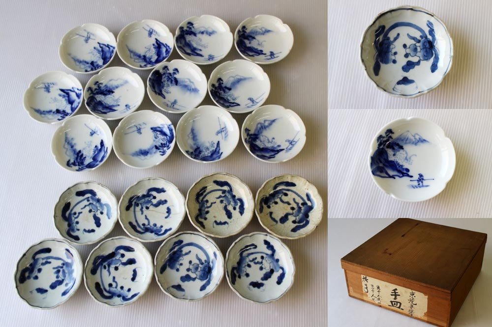 旧家蔵出】手皿 2種 20客 時代箱 染付 豆皿 小皿 時代