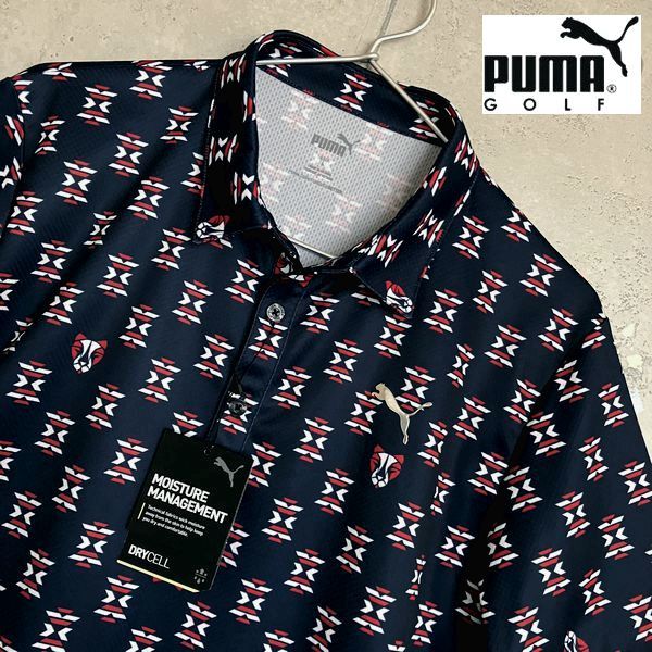 新品9900円★XXL★PUMA プーマ ゴルフ ダブル ニット 吸水速乾 3Dロゴ 半袖 ポロシャツ 紺