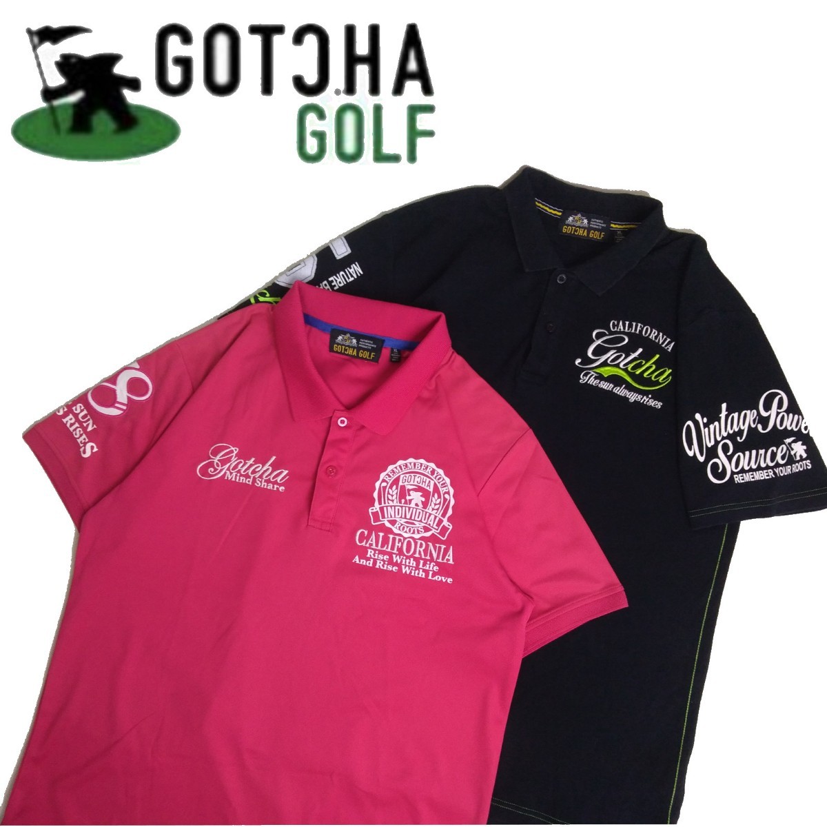 特大XL 極美品 最高級 豪華デザイン2点 GOTCHA GOLF 吸水速乾 ストレッチ 刺繍 半袖シャツ ガッチャ ゴルフウェア カールカナイ 2304142