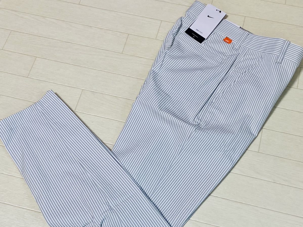 新品◆ナイキ ゴルフ ストライプ Dri-FIT 吸汗速乾 シアサッカー素材 テーパード ストレッチパンツ/春夏/グレー×ホワイト/w83.5/送料185円