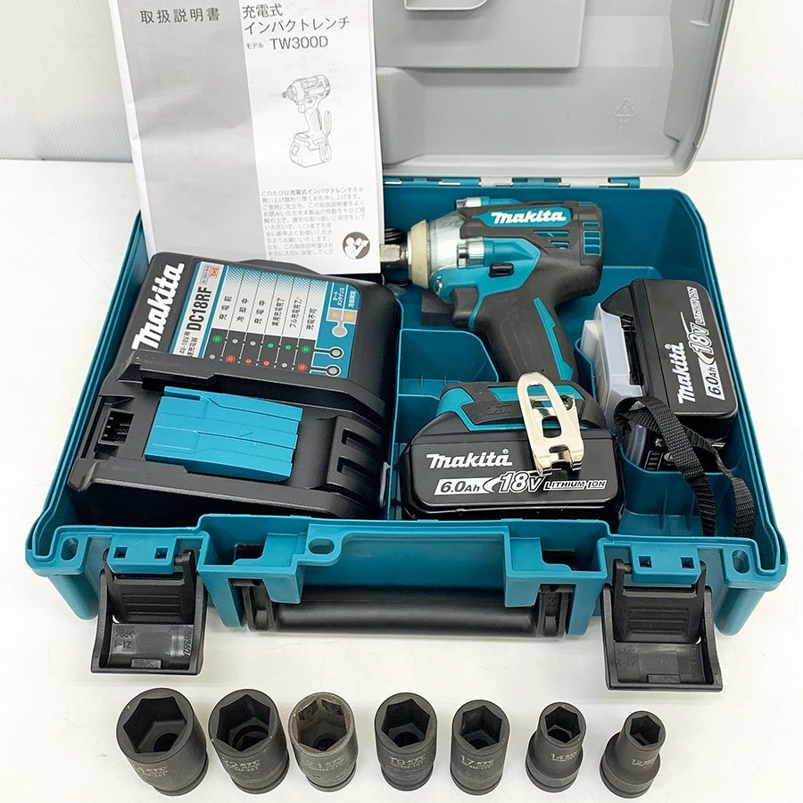 美品 makita マキタ 18V 充電式 インパクトレンチ TW300DRGX バッテリBL1860B×2本・充電器DC18RF・取説・ソケット・ケース付 [M9626]