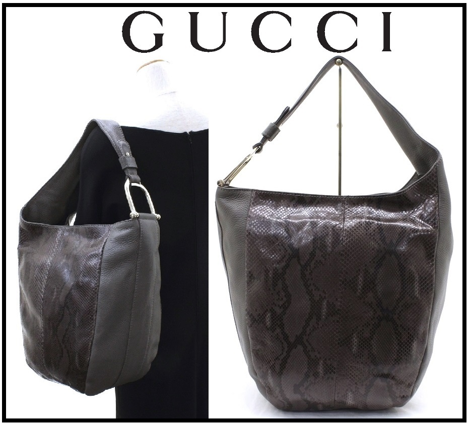 70万新品◆GUCCI グッチ グリニッチ茶灰パイソン×レザーワンショルダーバッグ１円