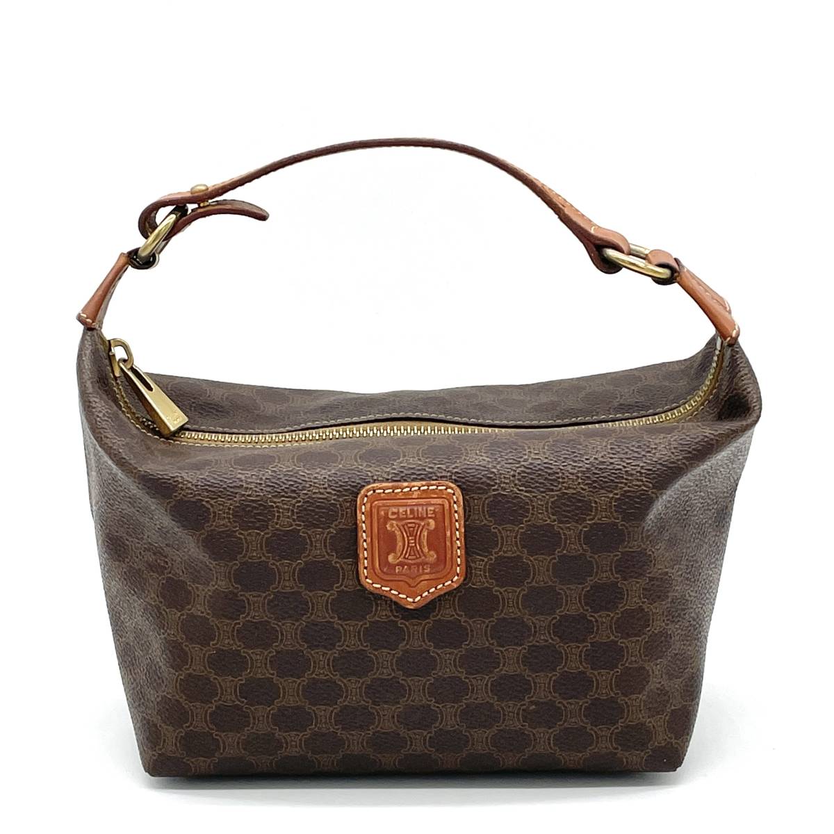 【美品】CELINE セリーヌ アクセサリーポーチ ハンドバッグ Cマカダム 茶 1円 良品 CELINE セリーヌ マカダム柄 ブラゾンロゴ ブラウン バニティ
