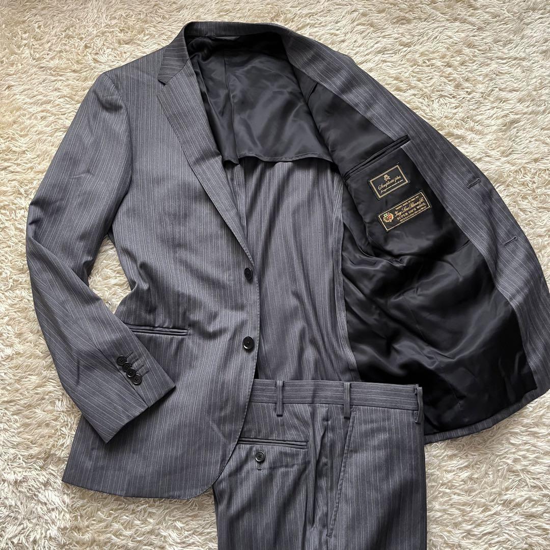 圧巻の高級生地　ロロピアーナ　simplicite plus シンプリシテプリュス　スーツ　セットアップ　グレー　ストライプ　Lサイズ　2ボタン　