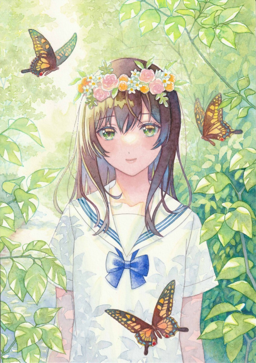 手描きイラスト　オリジナル　水彩画　A5サイズ 148×210mm　女の子　セーラー服　蝶　花冠_2